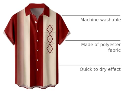 Hodaweisolp Retro Bowling Shirts for Men 50s Button Up Shirt Short Sleeve Cuban Style Camp Shirt Red Geometric-XXL