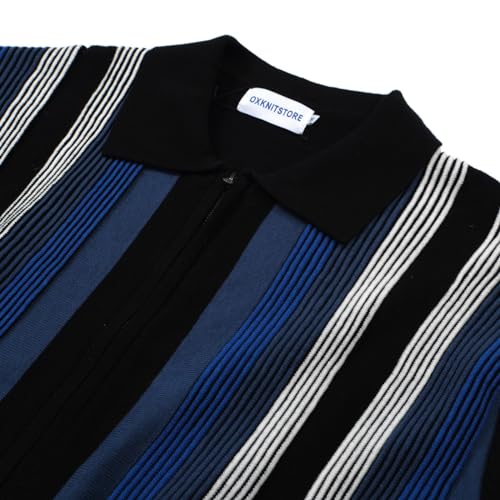 OXKNIT Men's Short Sleeve Knit Retro Polo Shirt, 1960s Mod Style Vintage Zip Stripe Golf Polo T Shirts