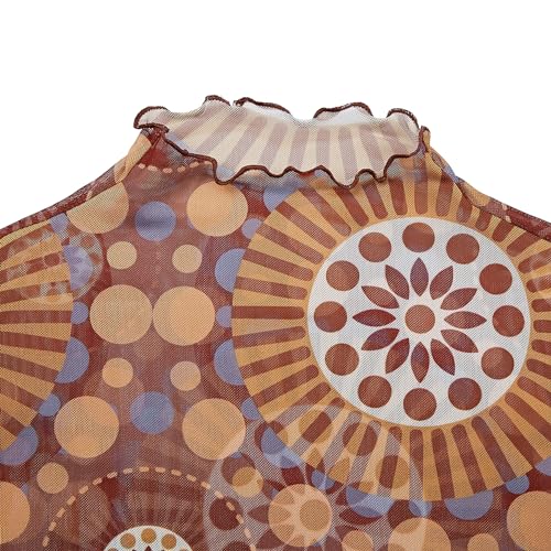 Durio Disco Outfits 70's Bell Sleeve Top for Women Vintage 70s Shirts Mock Neck Sleeve Top Sheer Mesh Long Sleeve Tops for Women Crop Top T Shirt Vintage Geometric Medium