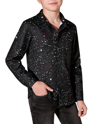 Haloumoning Boys Dress Shirt Button Down Shirts 70s Disco Costume Black