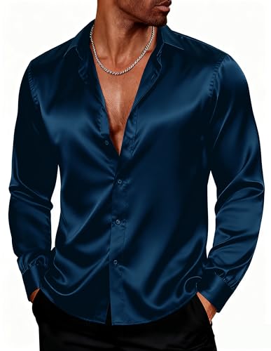 PJ PAUL JONES Mens 70s Disco Shirts Luxury Satin Silk Like Dress Shirt with Bow Tie Wedding Party Shirts Navy Blue L
