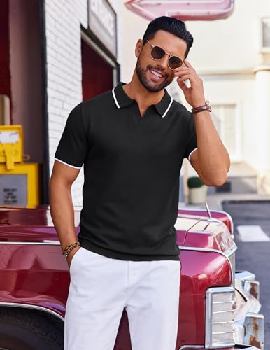 COOFANDY Mens Collared Shirts Short Sleeve Polo Shirts for Men Basic Fashion Retro 70S Shirt Black