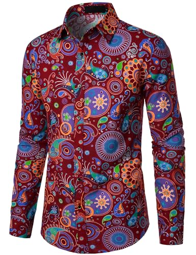 PARKLEES Men's 70s Hippie Vintage Long Sleeve Shirt Burgundy XL