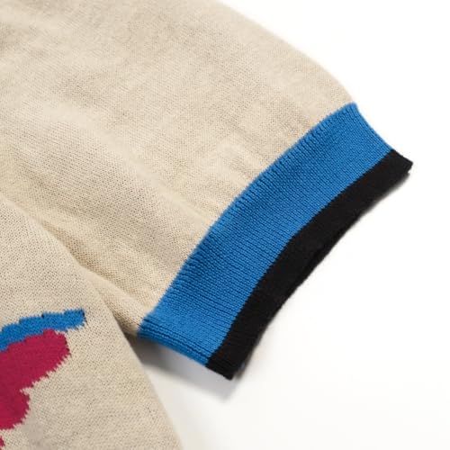 OXKNIT Men's Knit Short Sleeve Shirts Vintage Bird and Plants Pattern Knitted Polo Shirt Blue and Beige V-Neck Polo