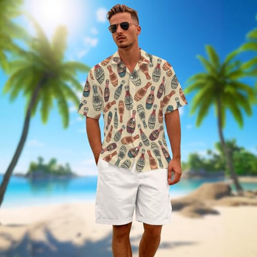 Men's Vintage Bowling Hawaiian Shirts Lined Skull and Beer Bottle Print Button Down Bowling Nights for Bar Parties