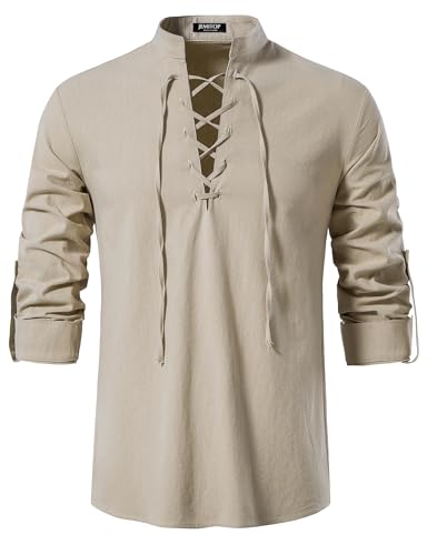 JEMITOP Men's Pure Cotton Renaissance Lace Up Shirt Khaki XXL