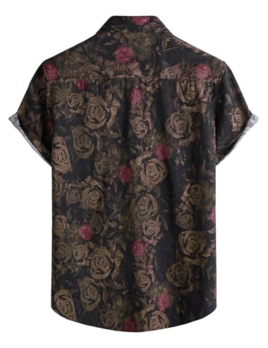 LucMatton Men's 70s Hawaiian Shirt Vintage Print Short-Sleeve Button-Down Shirts for Summer Vacation & Beach Black Antique Rose Large