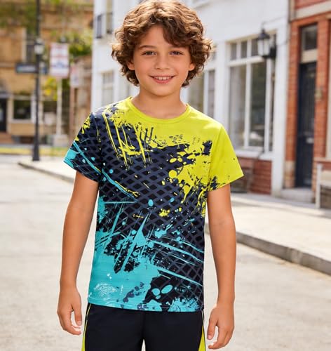 Lovekider Boys 80s 90s Shirts Size 7-8T Retro Graphic Dry Fit Athletic Tshirt Short Sleeve Shirt Novelty Tops for 7-8 Years Kids Yellow Blue