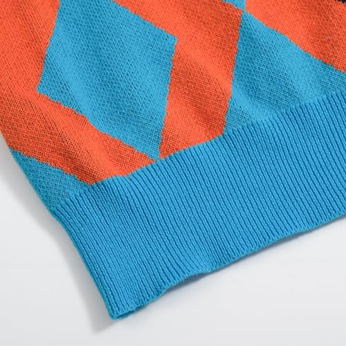 OXKNIT Retro Knitted Polo Shirts for Men, 1960s Geometric Pattern Short Sleeve with Quarter Button, Orange Blue
