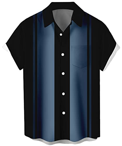 Mens Bowling Shirt Vintage 1950s Retro Short Sleeve Casual Button Down Shirts Bowling Black Blue XL