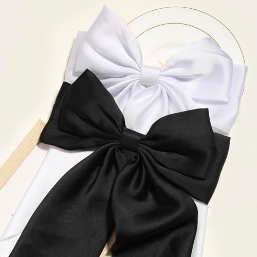 SUSULU Hair Bows for Women Oversized Black White Hair Bow Clips Big Hair Bow Long Tail Large Satin Silky Hair Ribbon Bow Clip Ponytail Hair Accessories for Adult Teens,Pack of 2