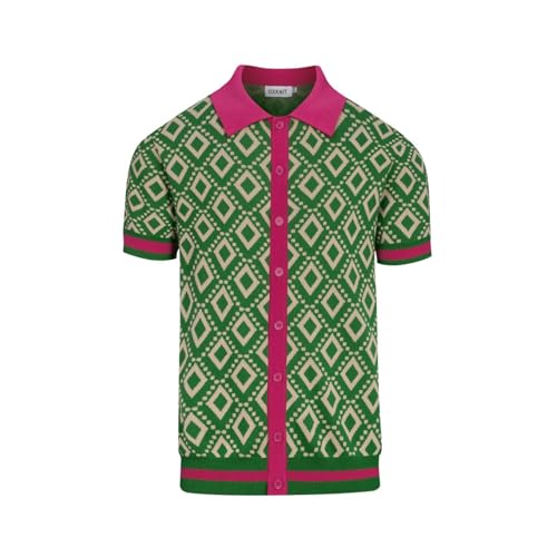 OXKNIT Men's Knit Short Sleeve Shirts Button Down 1960s Vintage Diamond Pattern Knitted Polo Shirt Green Cotton Polo