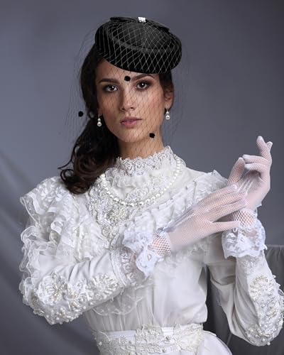 Bniksok Black Fascinators Hats with Veil for Women Vintage Funeral Pillbox Hat 1920s 50s Gatsby Cocktail Tea Party Headwear, Lace Gloves Pearl Necklace