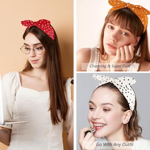 Jaciya Polka Dot Bow Headbands for Women Retro Bunny Ear Hairbands with Bow