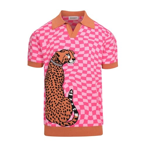 OXKNIT Men's Knitted Retro Poloshirt, 1960s Mod Style Vintage Plaid Shirt with Animal Pattern Rose Red