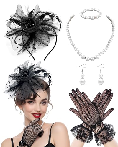 Bnsikun 50s Fascinators Hat Set for Women Tea Party Headwear Lace Bowknot Gloves Pearl Jewelry Set Wedding Cocktail (Black)
