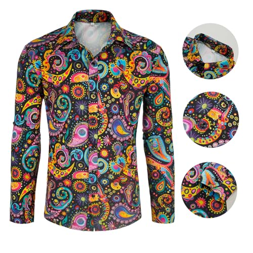 BONGZUO 70s Outfits for Men 6 Pcs Disco Costume with Bell Bottom Pants(Z3737STBK,XL)