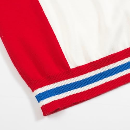OXKNIT Knitted Poloshirt for Men, 1960s Mod Style Classic Retro Color Matching V-Neck Short Sleeve Summer Shirt White Red