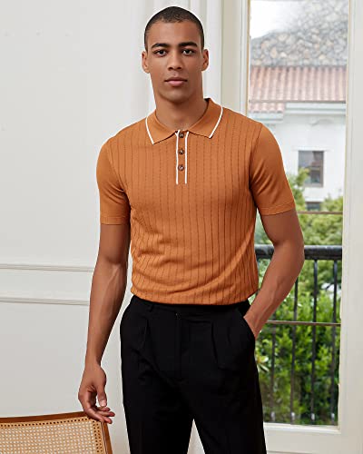 Kallspin Men's Vintage Knitted Polo Shirt Short Sleeve Solid Collared Golf Shirts with Button (Caramel Large