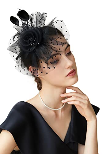 BABEYOND Fascinator Hats for Women Tea Party Kentucky Headband Derby Wedding Flower Feathers Hair Clip Black