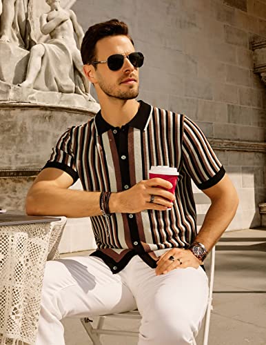Old Men Striped Knit Polo Shirts Regular Fit 1970s Retro Shirt Casual Collared Italian Stylish Polos Short Sleeve Tops Black-Coffe