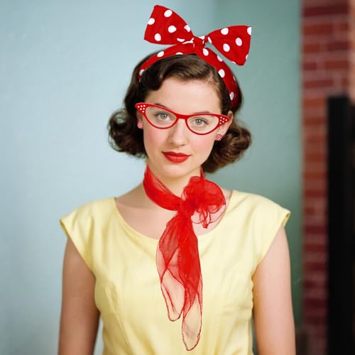 Sdfvsdg 50s Set 50's Costume Accessories Chiffon Scarf Cat Eye Glasses Bandana Tie Headband Earrings for Cosplay Party