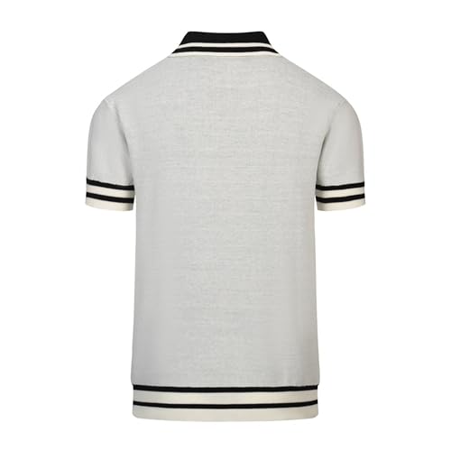 OXKNIT Men's Knit Short Sleeve Shirts Retro Knitted Polo Shirt Art Bird Pattern Beige Cotton Polo with Quarter Button