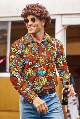Men Carnival Floral Shirt 70s Flower Button Shirt Long Sleeve Dress Shirt Retro Paisley Geometric Collared Shirt XL