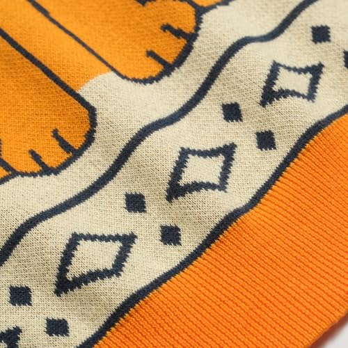 OXKNIT Women's Knit Polo Shirts 1960s Vintage Cat Jacquard Casual V-Neck Top with Puff Sleeves Orange