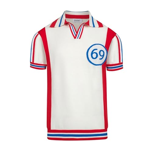OXKNIT Knitted Poloshirt for Men, 1960s Mod Style Classic Retro Color Matching V-Neck Short Sleeve Summer Shirt White Red