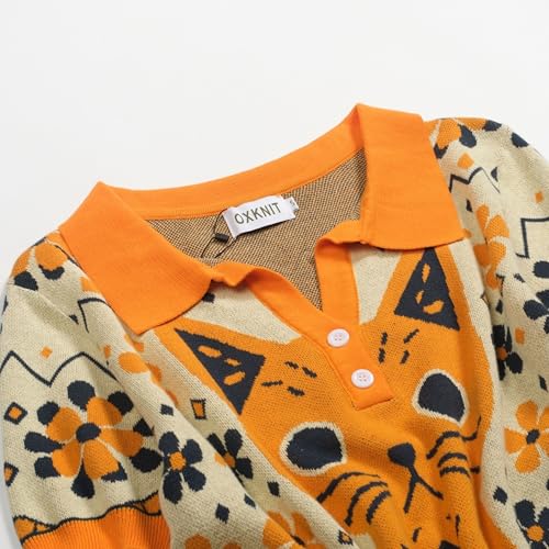 OXKNIT Women's Knit Polo Shirts 1960s Vintage Cat Jacquard Casual V-Neck Top with Puff Sleeves Orange