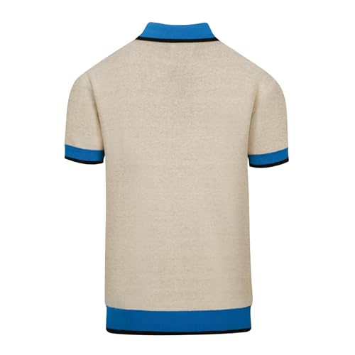 OXKNIT Men's Knit Short Sleeve Shirts Vintage Bird and Plants Pattern Knitted Polo Shirt Blue and Beige V-Neck Polo