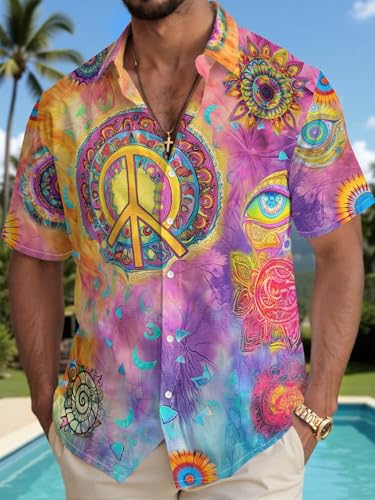 Tie Dye Hippie Shirts for Men Retro Vintage 60s 70s Peace Sign Funny Hawaiian Short Sleeve Button Down Shirts Rainbow