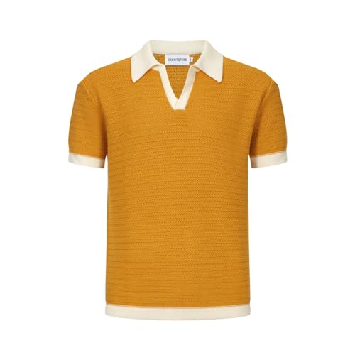 OXKNIT Mens Knit Polo Shirts Vintage Short Sleeve Golf Shirts Textured Retro Poloshirt White V-Neck