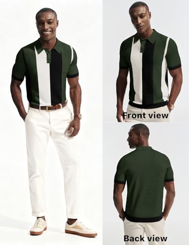 PJ PAUL JONES Knit Polo Shirts for Men Short Sleeve Retro Stripe Polo 70s Casual Golf Shirt Summer Beach Tops Green M