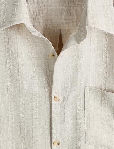 LucMatton Men's Vintage Bohemian Short-Sleeve Button-Down Shirt Casual Regular-Fit Striped Textured Summer Beach Tops Beige Large