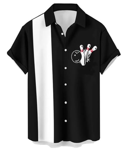 Liantty Bowling Shirt for Men Retro 1950s Button Down Shirts Black M