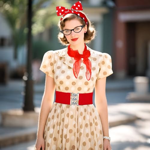 Fumwase 5PCS 1950s Costume Accessories for Women Earring Scarf Cat Eye Glasses Headband Waistband for Hallowmas (Red)