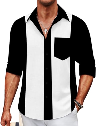 Men's Vintage Bowling Shirt Casual Long Sleeve Button Down Regular Fit Retro Shirt