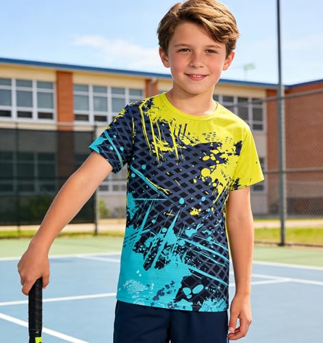 Lovekider Boys 80s 90s Shirts Size 7-8T Retro Graphic Dry Fit Athletic Tshirt Short Sleeve Shirt Novelty Tops for 7-8 Years Kids Yellow Blue