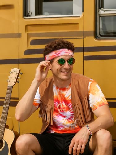 Treature Hippie Costume for Men 60s 70s Outfits for Men Tie Dye Shirt Set Fringe Carnival Vest Wig Tie Dye Headband for party (Orange 7 Pcs set, 2XL)