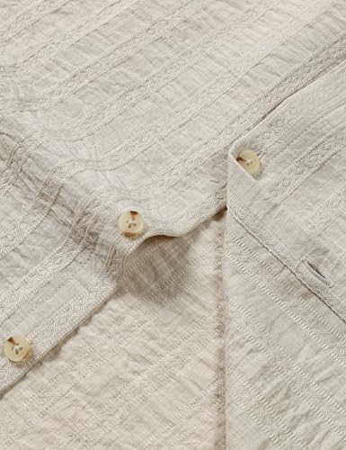 LucMatton Men's Vintage Bohemian Short-Sleeve Button-Down Shirt Casual Regular-Fit Striped Textured Summer Beach Tops Beige Large