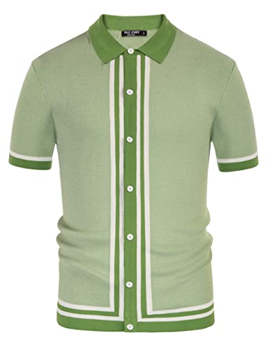 Mens Vintage Polo Shirts Short Sleeve Collared Button Rockabilly Shirts Green M