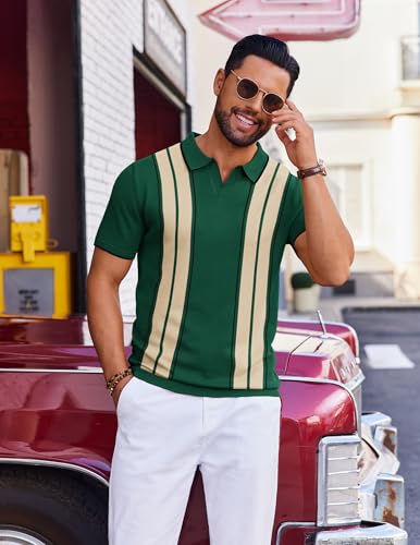 COOFANDY Mens Polo Shirts Striped Vintage Knit Polo Shirt Short Sleeve Old Money Clothes Retro Golf T Shirts