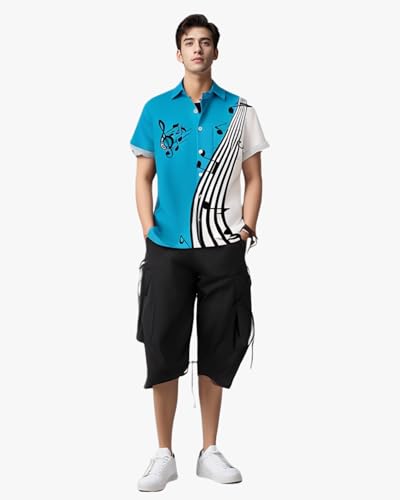 Gwnnb Bowling Shirts for Men Music Note Print Short Sleeve Casual Button Down Beach Retro Shirts