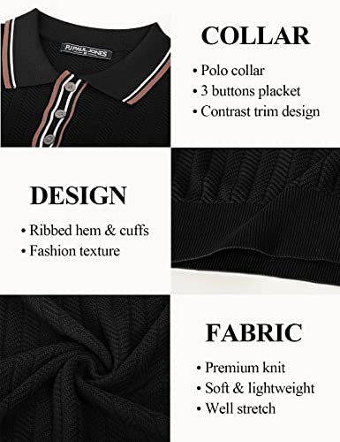 PJ PAUL JONES Mens 1960s Vintage Polo Shirts Contrast Lapel Collar Button Up Polo Sweaters Bowling Shirt Lightweight Black M