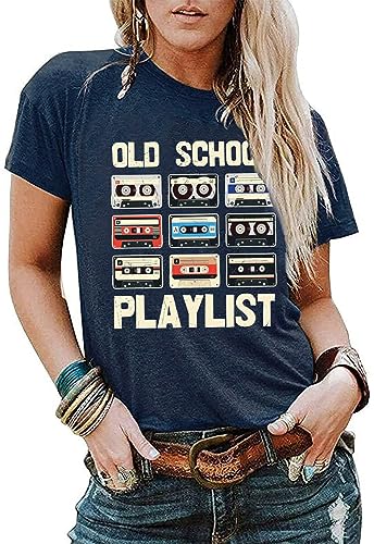 MYCHTE Retro 80s Tshirt for Women Cassette Tape Music Old School Playlist Shirt(XXL, Blue)
