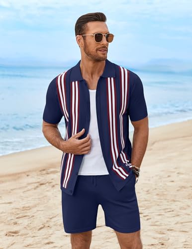 COOFANDY Men's 2 Piece Shirt Sets Vintage Knit Short Sleeve Button Down Polo Shirts Summer Beach Shorts Outfits