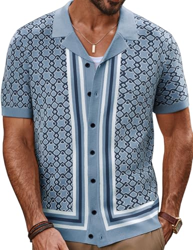 PJ PAUL JONES Men's Knit Polo Short Sleeves Shirts Button Down Summer Shirts 70s Retro Shirts Blue-Grey