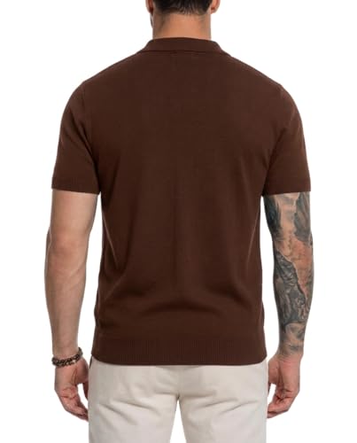 Mens Vintage Knit Shirts – 70s Short Sleeve Polo Shirts for Men – Retro Knit Button Down Shirt – Old Money Clothes Men Coffee Brown